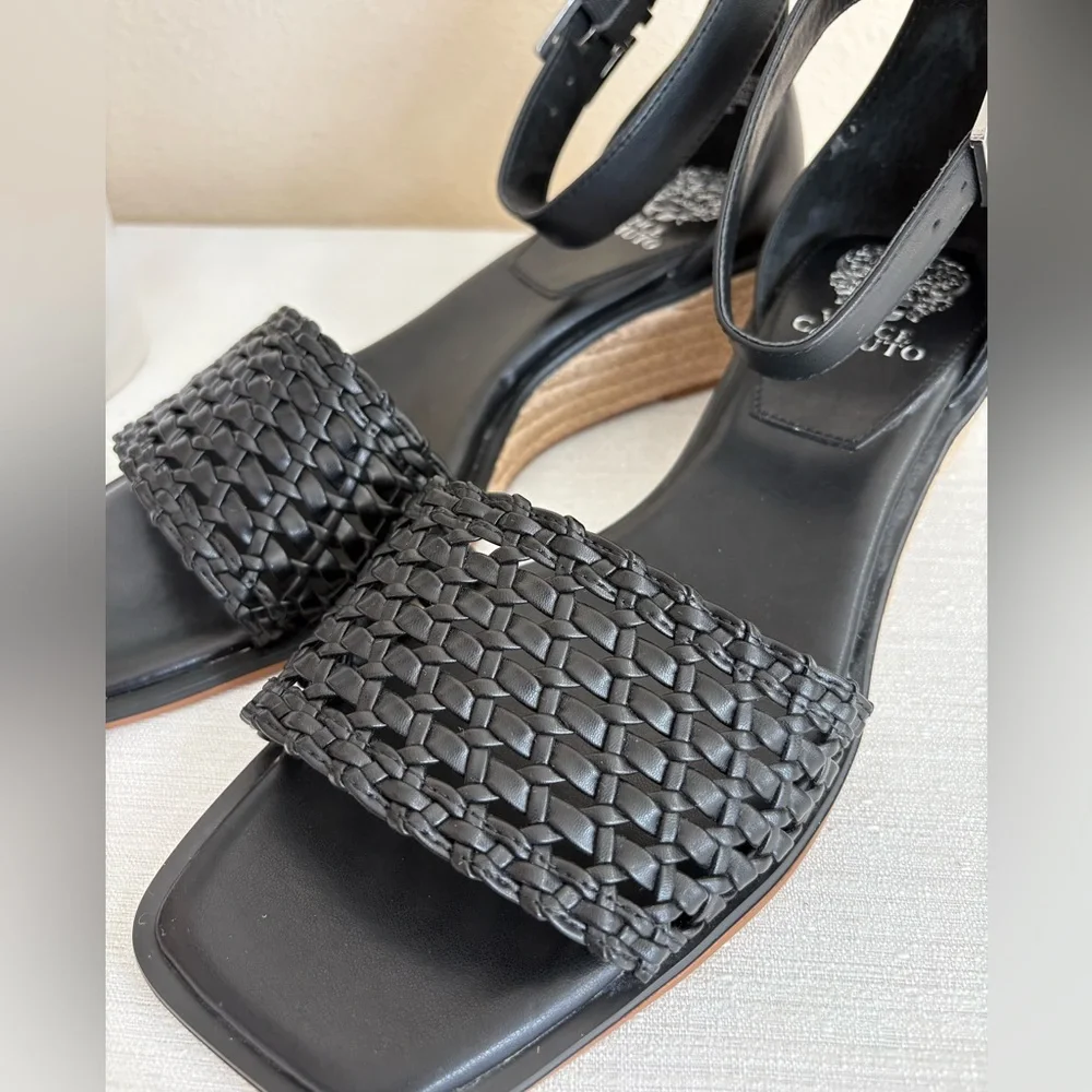 Black Woven Ankle Strap Wedge Sandals - Brand: